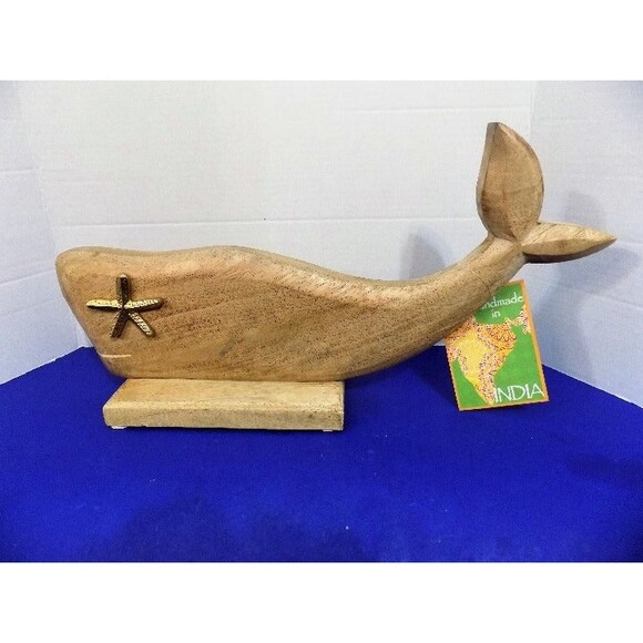 NEW Wood Carved Whale Statue Figurine Coastal Nautical Decor Fish Marine India - Picture 3 of 5